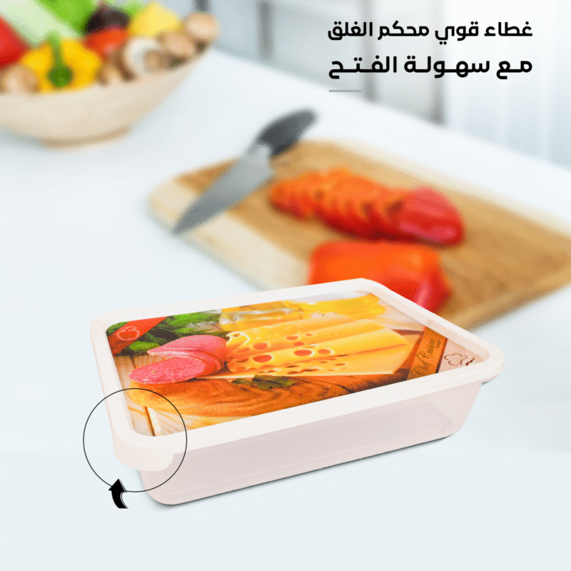 Clear plastic food box with a cheese design on the lid that is secure and easy to open