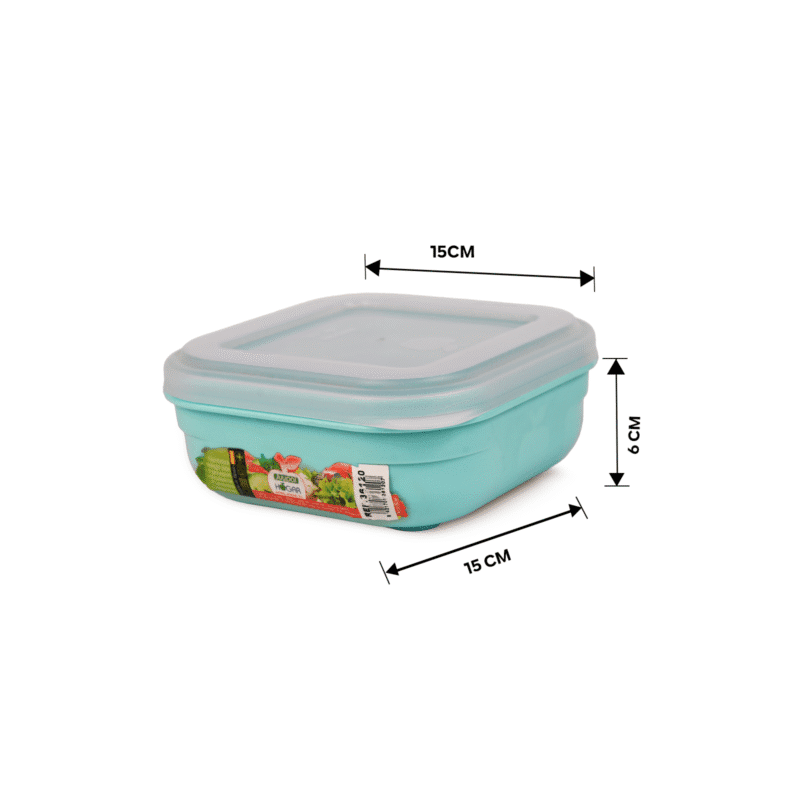 Food storage turquoise box with 0.7 liter capacity showing dimensions