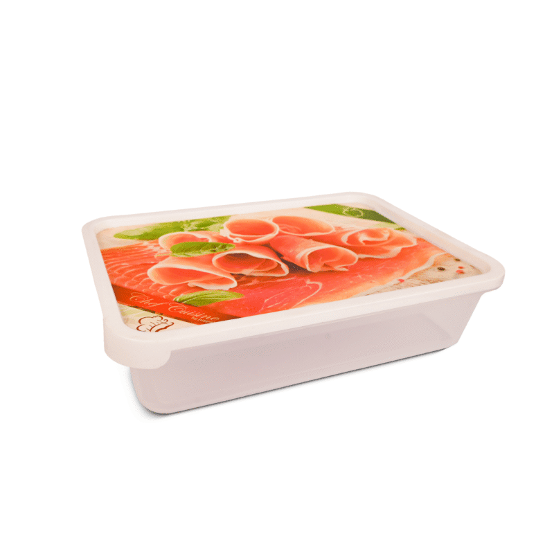 Transparent food box with sliced meat design on the lid