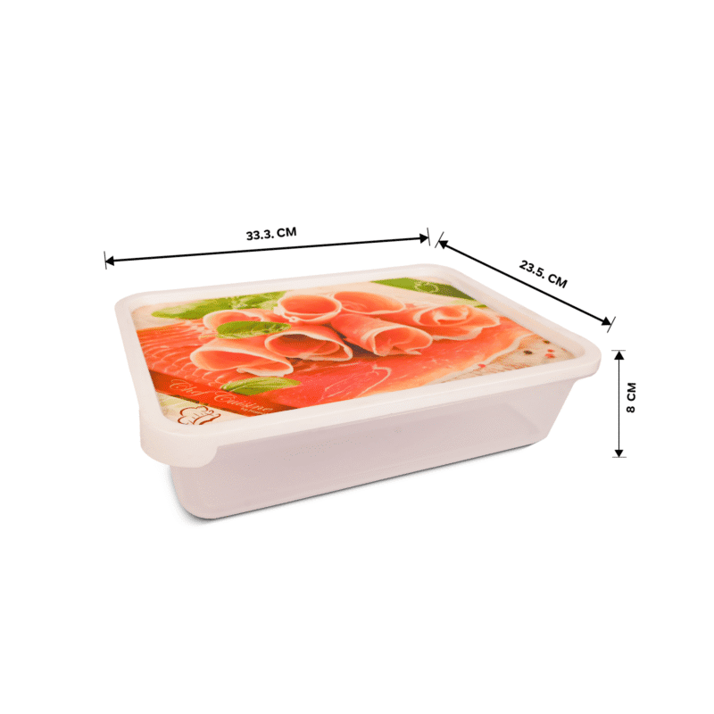 box with sliced meat design on the lid showing dimensions