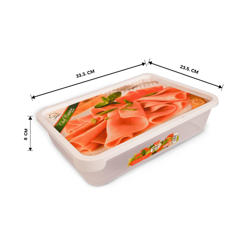 food container with sliced meat design on the lid showing dimensions