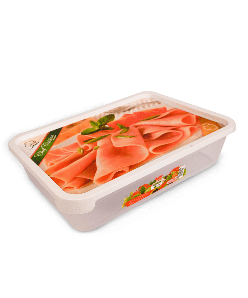 food storage container with sliced meat design on the lid