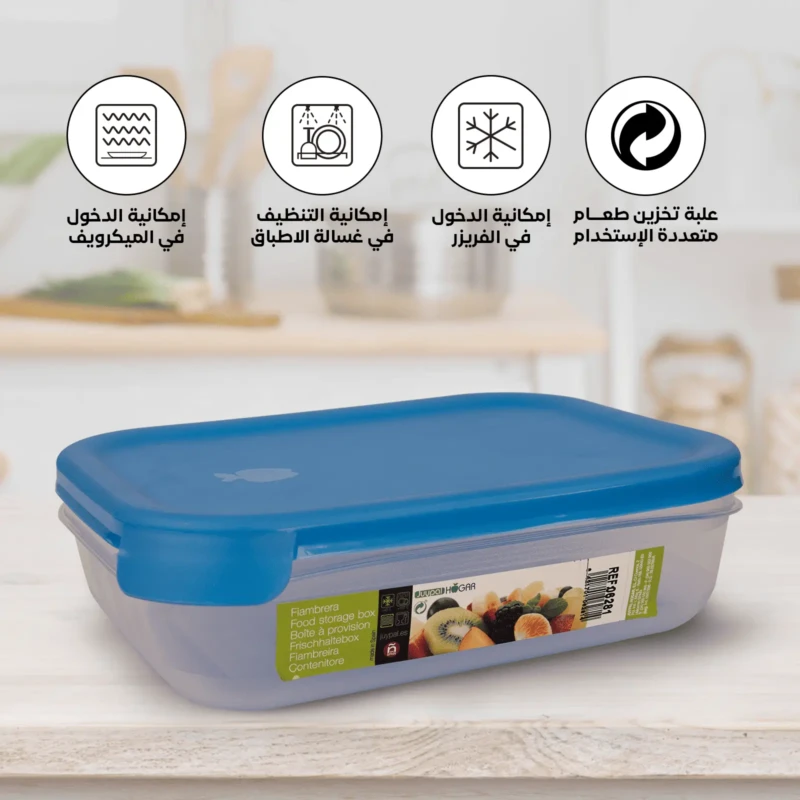 Microwave friendly rectangular food container with blue lid