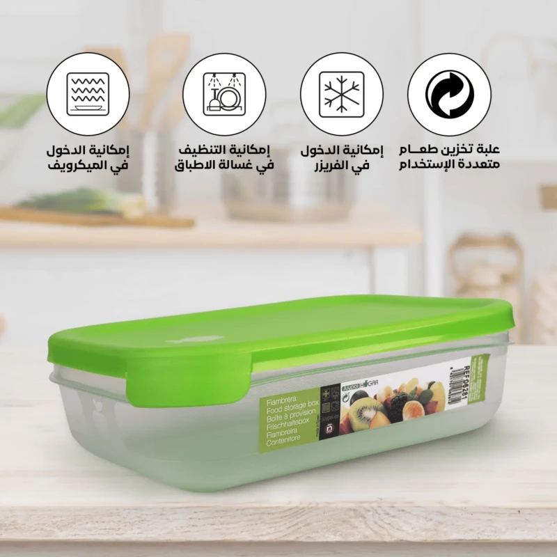 Microwave friendly rectangular food container with green lid