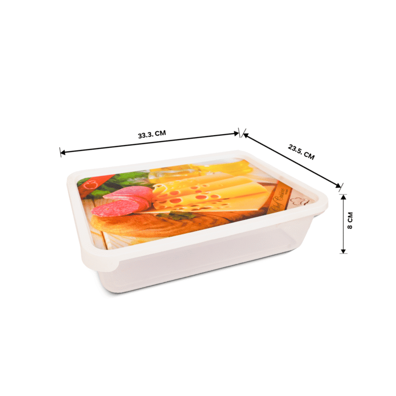 plastic food box with size measurements and a cheese design on