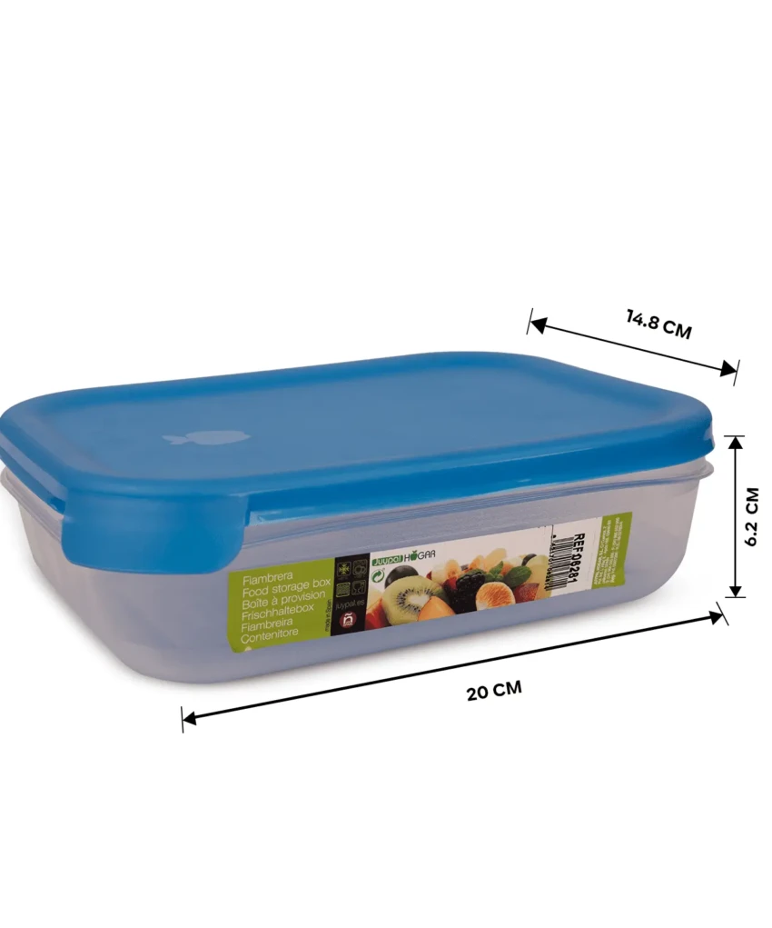 Rectangular food container with blue lid showing dimensions