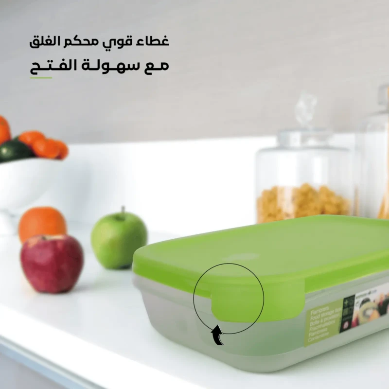 Rectangular food container with durable tightly sealed green lid