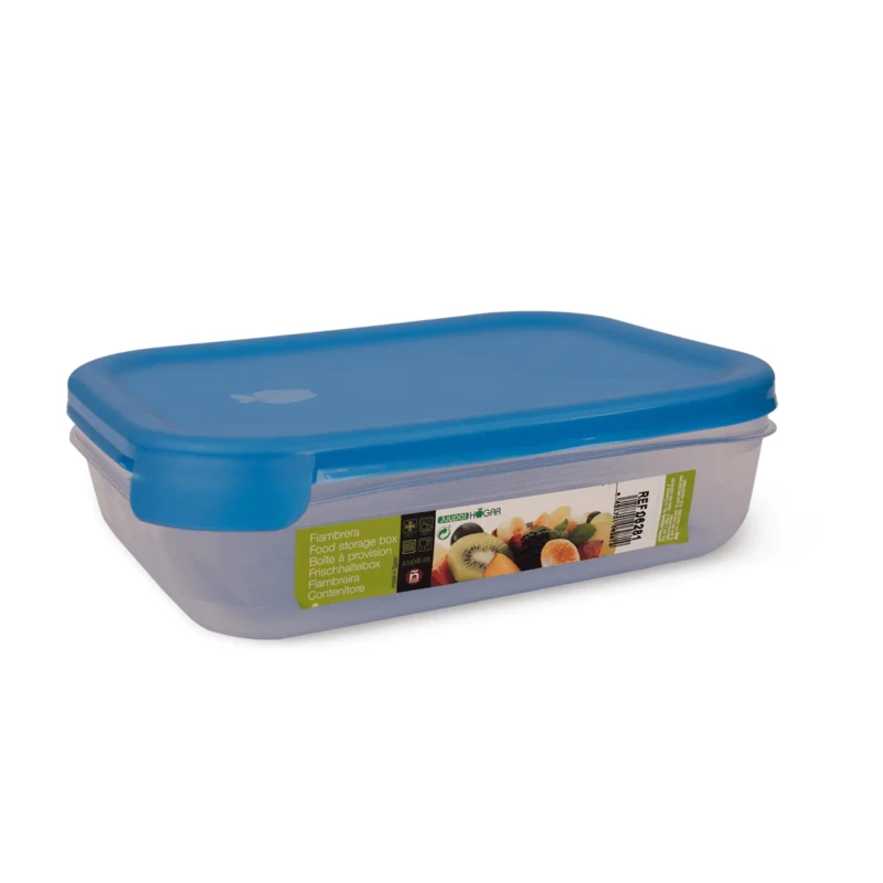 Rectangular food storage container with blue lid