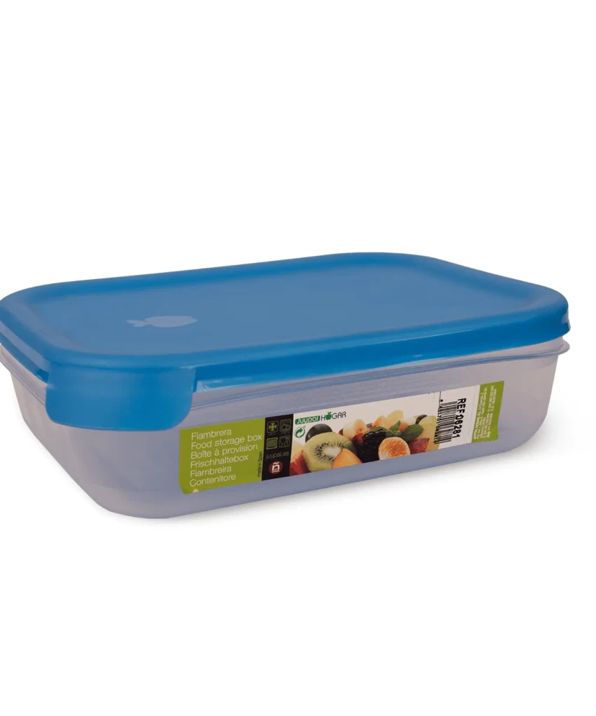 Rectangular food storage container with blue lid