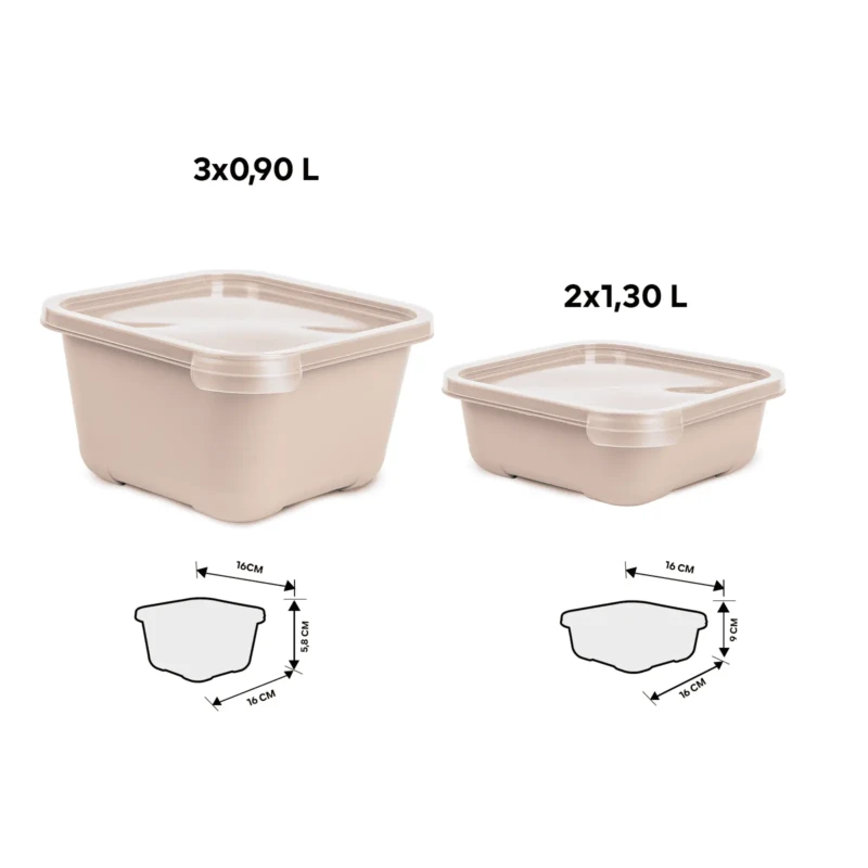 Set of 5 beige food storage containers showing dimensions