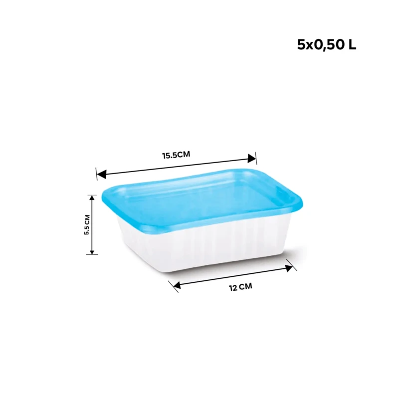 Set of 5 blue food containers showing dimensions