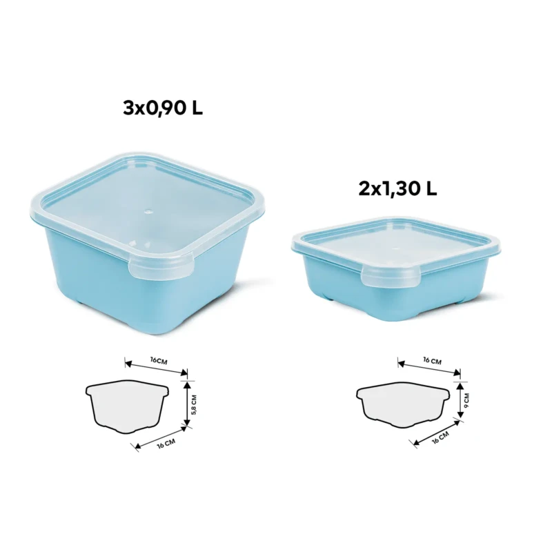 Set of 5 blue food storage containers showing dimensions