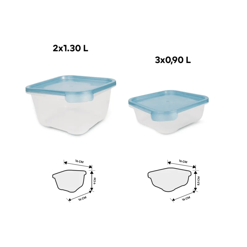 Set of 5 blue square food storage boxes size details