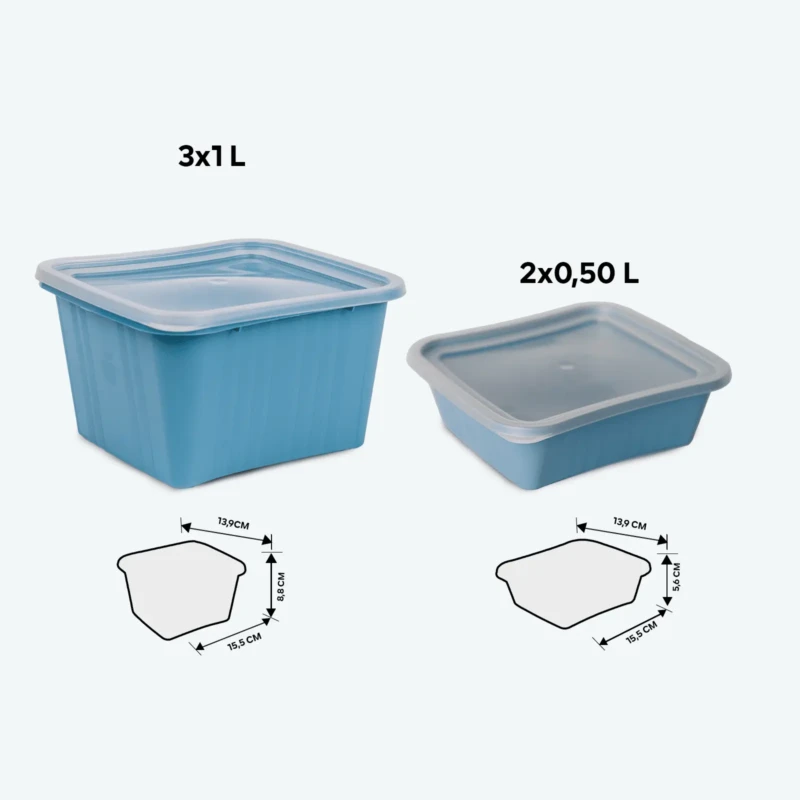 Set of 5 food blue storage with different capacities showing dimensions