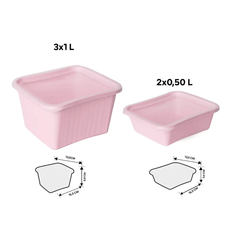 Set of 5 food pink storage with different capacities showing dimensions