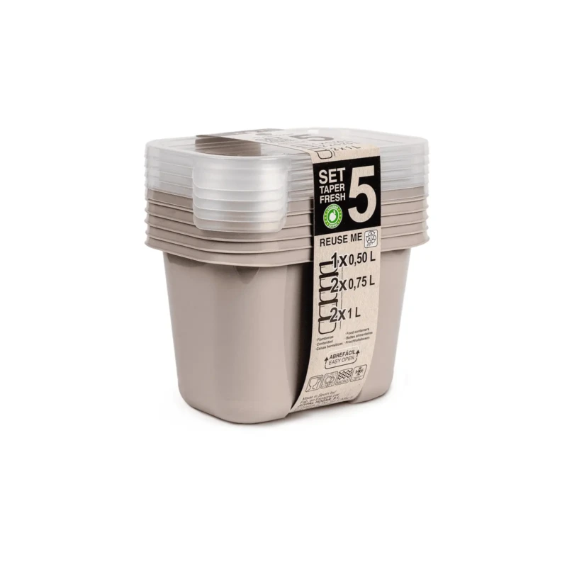 Set of 5 food storage beige containers with different sizes