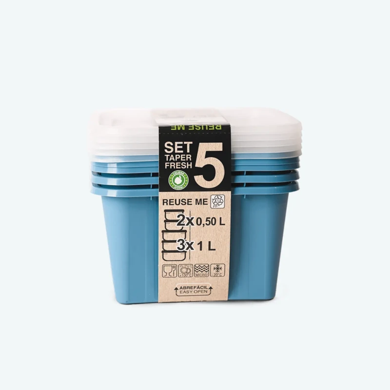 Set of 5 food storage blue containers with capacities from 0.5L to 1L