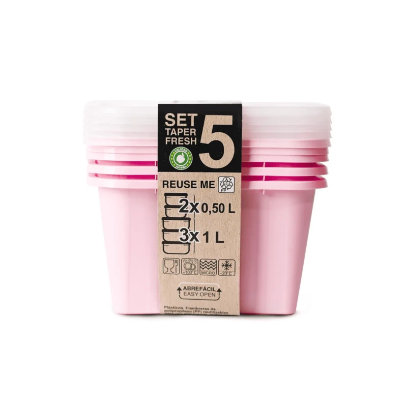 Set of 5 food storage pink containers with capacities from 0.5L to 1L