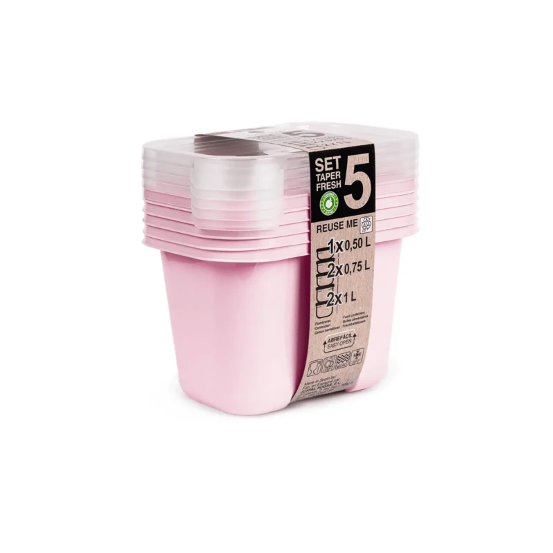 Set of 5 food storage pink containers with different sizes