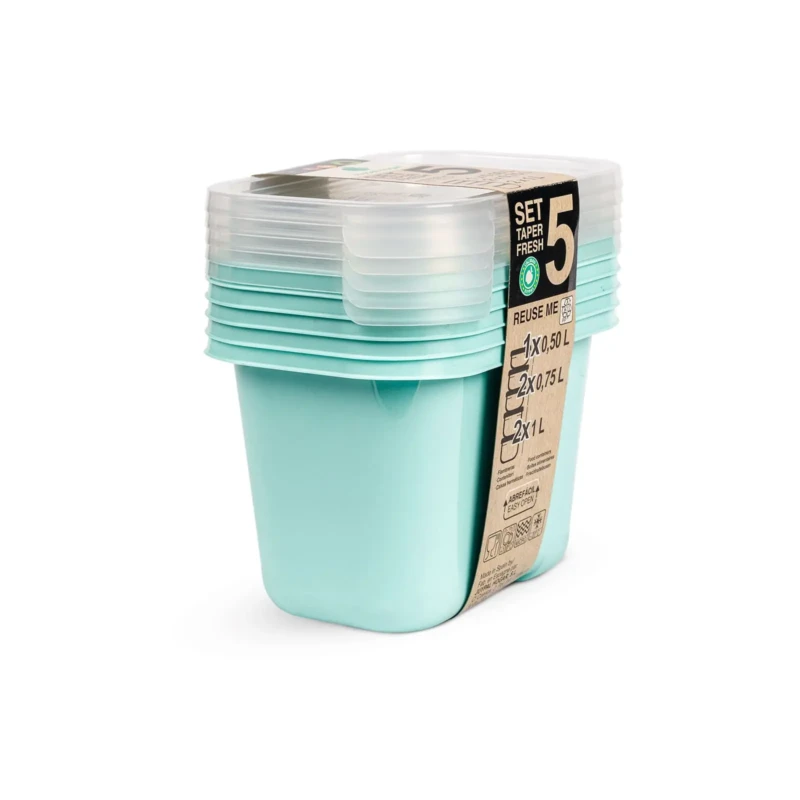 Set of 5 food storage turquoise containers with different sizes
