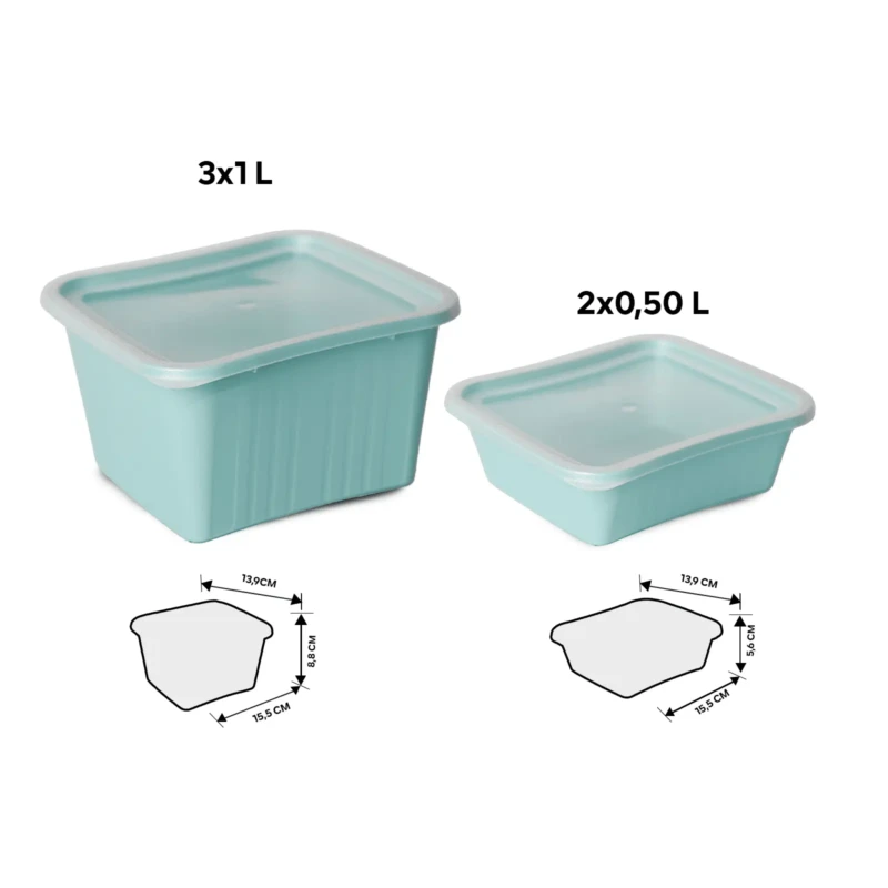 Set of 5 food storage with different capacities showing dimensions