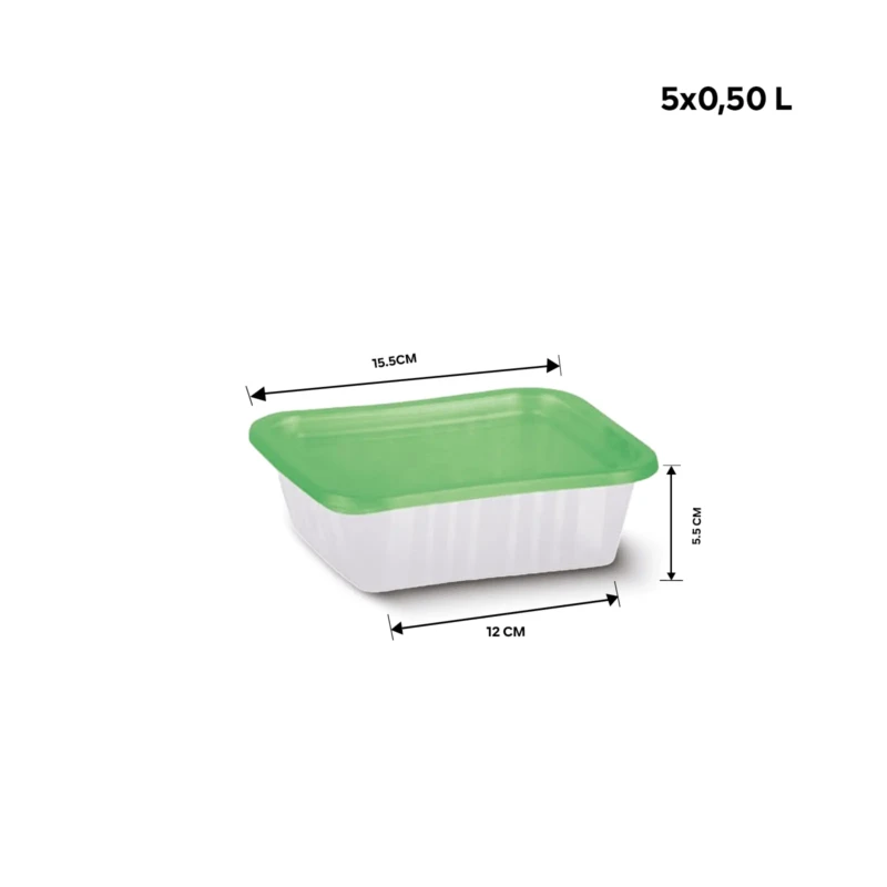 Set of 5 green food containers showing dimensions