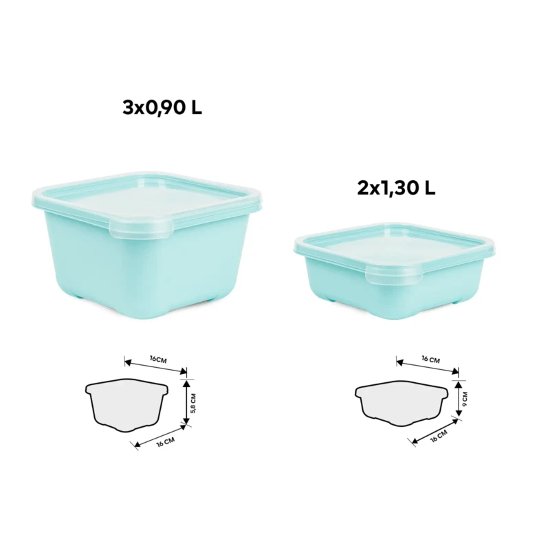 Set of 5 green food storage containers showing dimensions