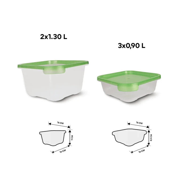 Set of 5 green square food storage boxes size details