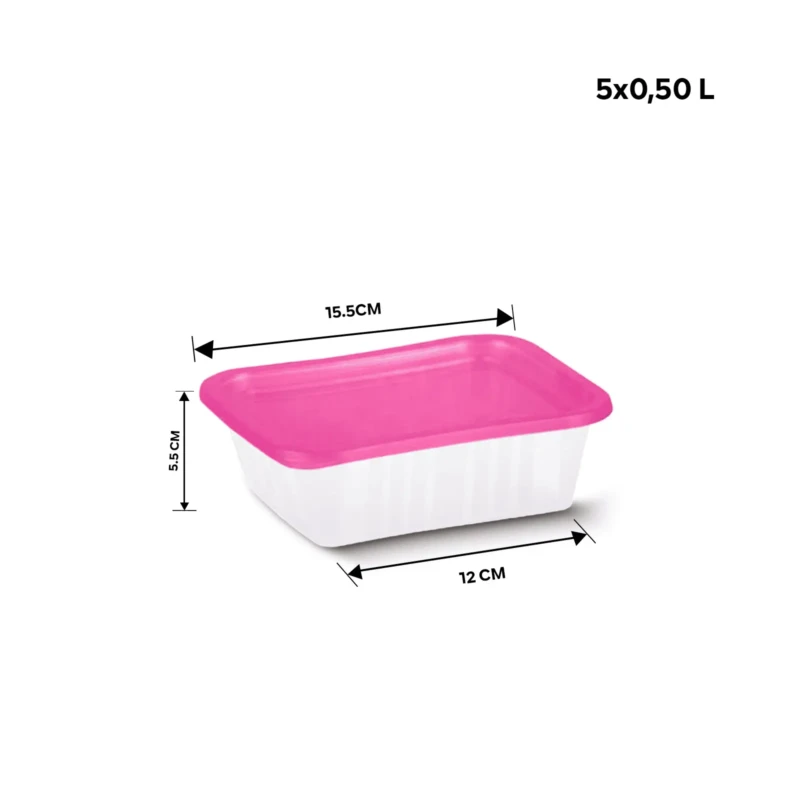 Set of 5 pink food containers showing dimensions