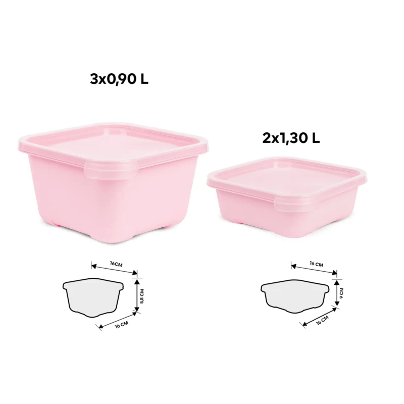 Set of 5 pink food storage containers showing dimensions