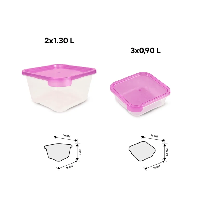 Set of 5 pink square food storage boxes size details