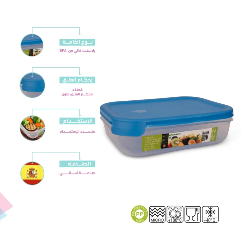Spanish made rectangular food storage container with blue lid