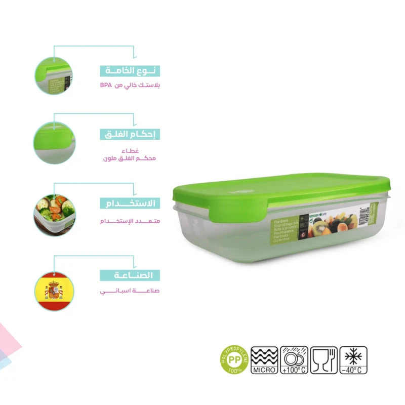 Spanish made rectangular food storage container with green lid