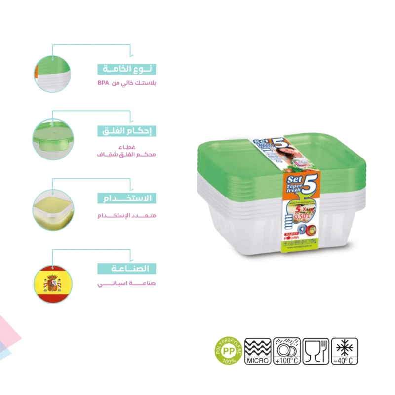 Spanish made set of 5 green food storage boxes