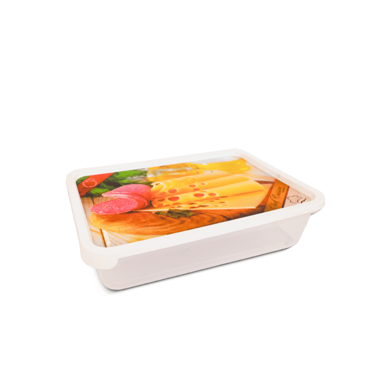transparent plastic food box with a cheese illustration on the lid